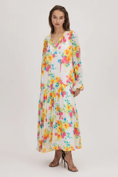 Florere Printed Tie Neck Midi Dress In Ivory/multi