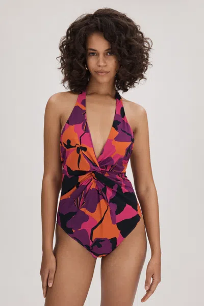 Florere Printed Twist Front Swimsuit In Pink/orange