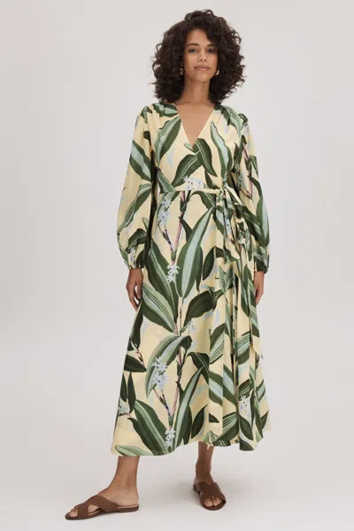 Florere Printed Wrap Midi Dress In Pale Yellow