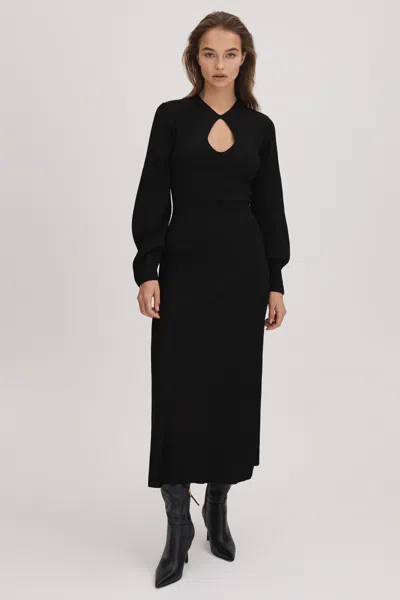 Florere Ribbed Blouson Sleeve Midi Dress In Black