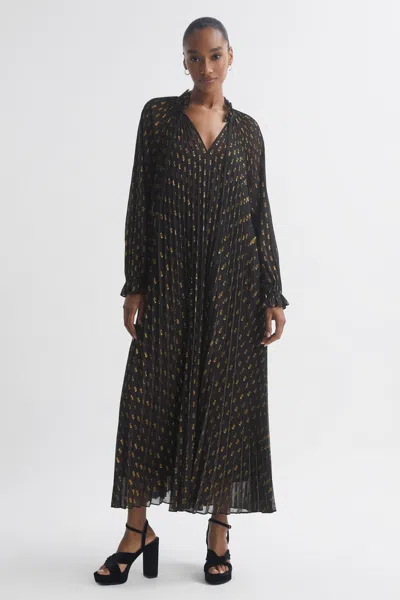 Florere Sheer Metallic Long Sleeve Midi Dress In Brown