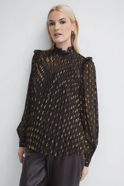 Florere Sheer Metallic Ruffle Blouse In Chocolate