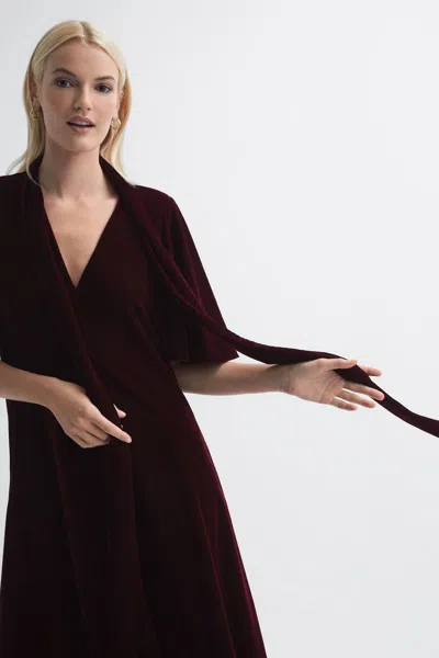 Florere Velvet Tie Neck Midi Dress In Burgundy