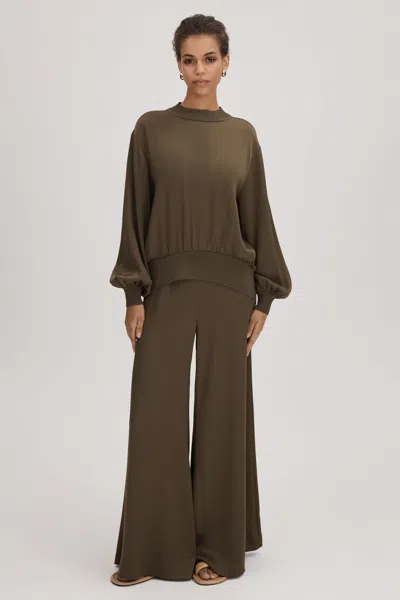 Florere Wide Leg Satin Trousers In Dark Khaki