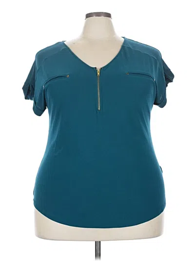 Pre-owned Flower & Feather Short Sleeve Top Teal Keyhole Neckline Tops In Blue