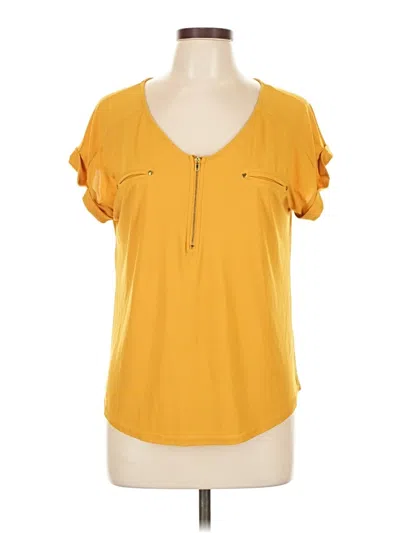 Pre-owned Flower & Feather Short Sleeve Top Yellow Keyhole Neckline Tops