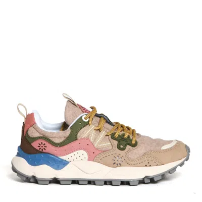 Flower Mountain Beige Sneakers With Green And Pink Accents In Multi