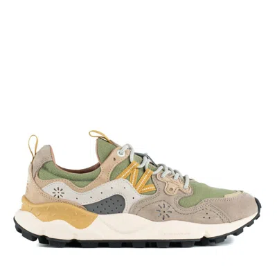 Flower Mountain Yamano 3 Light Brown And Military Green Suede And Canvas Sneakers In Multicolor