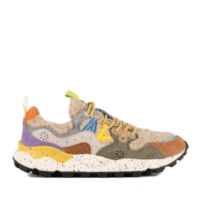 Flower Mountain Yamano 3 Natural And Dark Green Suede And Teddy Bear Sneakers In Multi