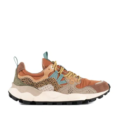 FLOWER MOUNTAIN FLOWER MOUNTAIN YAMANO 3 ORANGE SUEDE AND NYLON SNEAKERS, TAUPE ANIMAL DETAILING