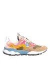 Flower Mountain Yamano In Beige Suede And Olive Green Fabric Sneakers In Multi