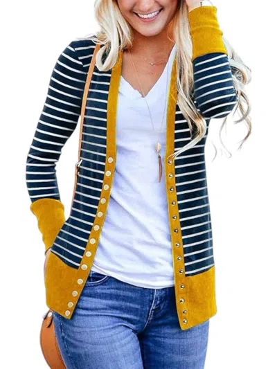 Flowerdaze Striped Snap Cardigan In Navy/mustard In Multi