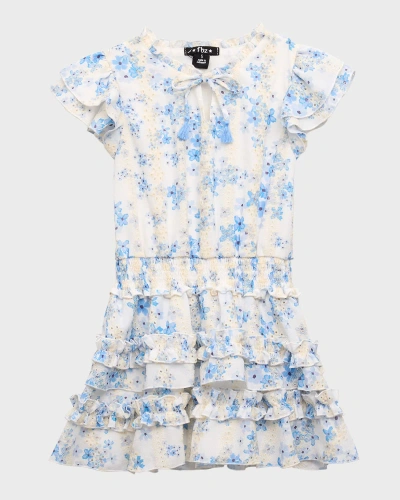 Flowers By Zoe Kids' Girl's Floral Tiered Short-sleeve Dress In Blue