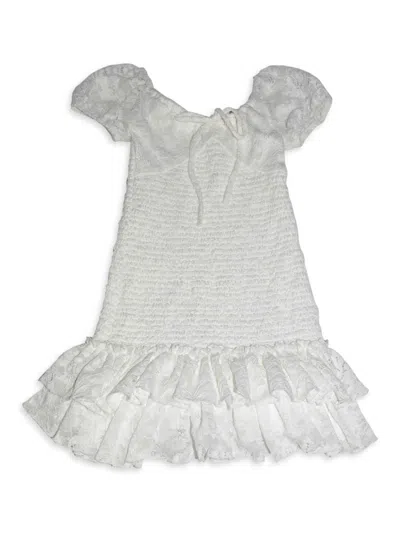 Flowers By Zoe Girl's Lace Puff-sleeve Smocked Dress In White Lace