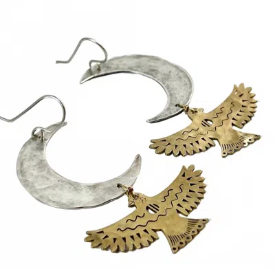 Fluff Hardware Night Wing Earrings In Silver Moon W/ Gold Eagle In Gray