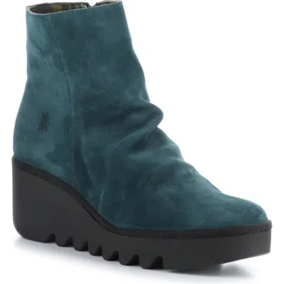 Fly London Baan Platform Wedge Bootie In 005 Petrol Oil Suede