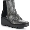 Fly London Baan Platform Wedge Bootie In 006 Silver/ Black Dk