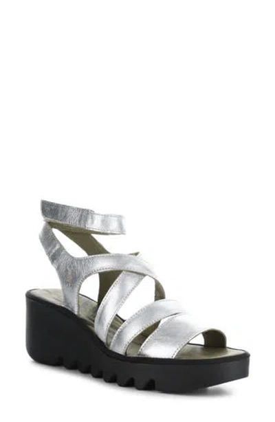 Fly London Bafy Ankle Strap Platform Wedge Sandal In Silver