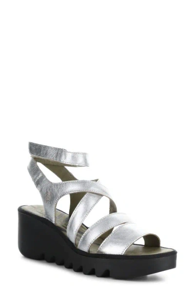 Fly London Bafy Ankle Strap Platform Wedge Sandal In Silver Idra