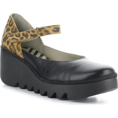 Fly London Bawo Platform Wedge Pump In Black/tan Mousse