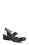 Fly London Elam Block Heel Loafer In Black/white