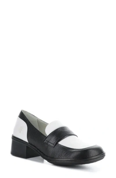 Fly London Elam Block Heel Loafer In Black/white