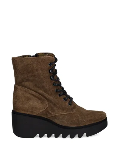 Fly London Lace-up Wedge-heel Boots In Brown