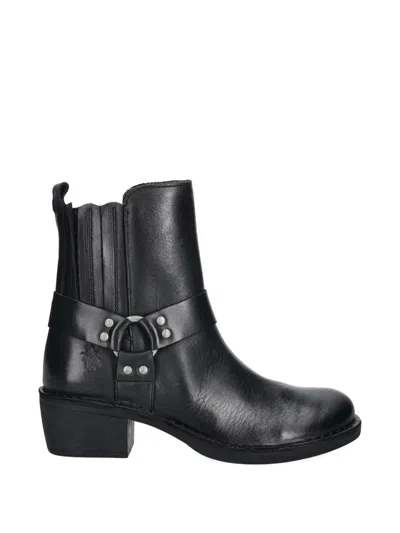 Fly London Leather Biker Boots In Black