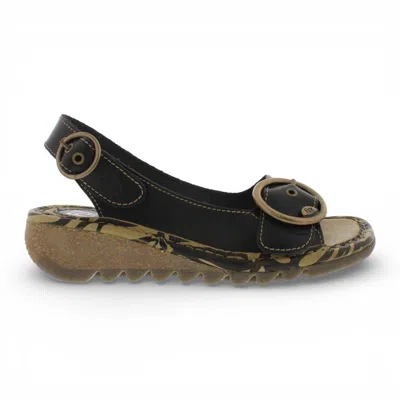 Fly London Leather Wedge Sandals Classic Everyday Leather Comfort In Black
