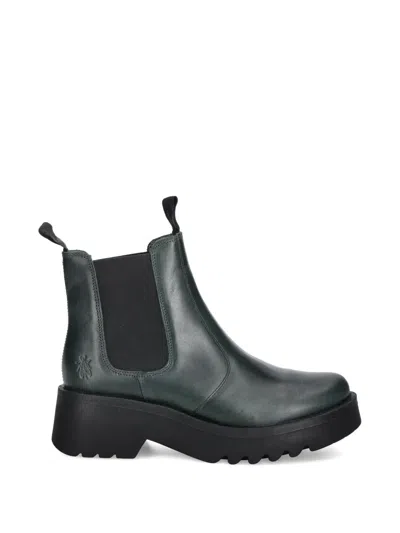 Fly London Medi Petrol Leather Chunky Chelsea Boots In Green Leather