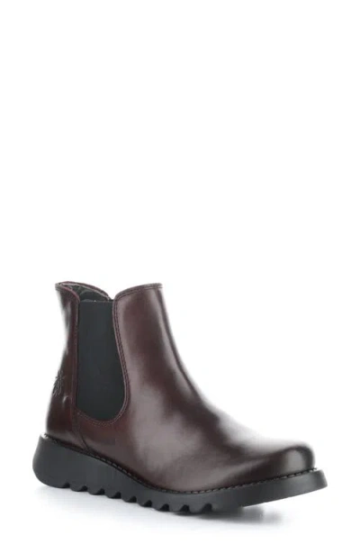 Fly London Salv Wine Black Leather Wedge Chelsea Boots In Burgundy Patent