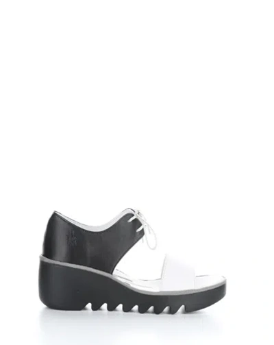 Pre-owned Fly London Women's Bilu465fly White/black Heeled Sandal In White/black (leather)