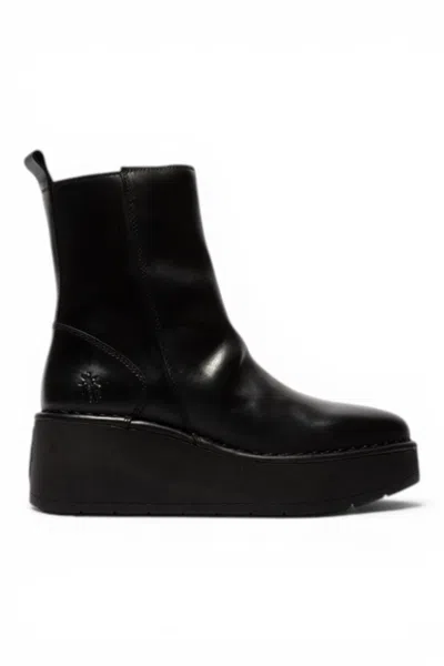 Fly London Women's Black Leather Wedge Heel Platform Ankle Boots - Heij272