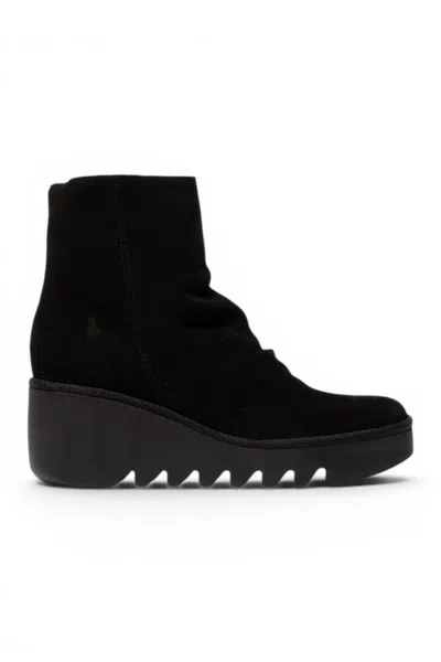 Fly London Women's Black Suede Leather Wedge Heel Platform Ankle Boots - Baan538