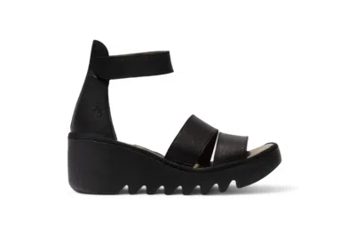 Fly London Women's Bono290fly Silver Black Idra Leather Sandals Espadrille Wedges