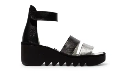 Fly London Women's Bono290fly Silver Black Idra Leather Sandals Espadrille Wedges