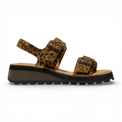 Fly London Women's Heif558fly Cheetah Tan Leather Wedge Buckle Sandals In Animal Print