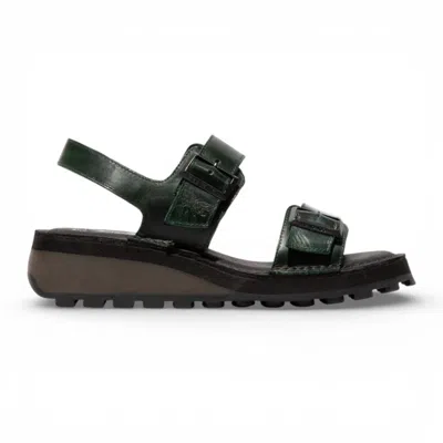 Fly London Women's Heif558fly Petrol Green Leather Wedge Buckle Sandals