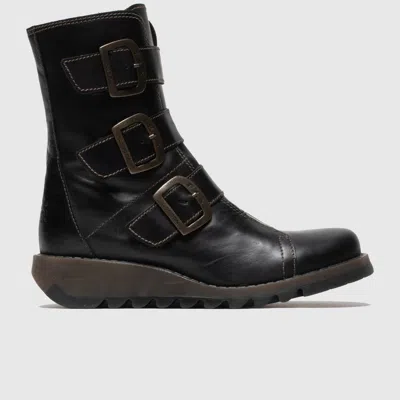 Pre-owned Fly London Women's Scop110fly Zip Up Buckle Ankle Boot In Black