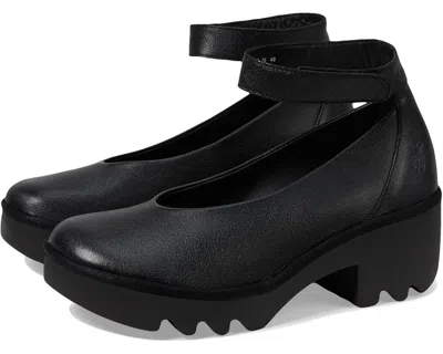 Pre-owned Fly London Women's Tiry497fly Hook & Loop Ankle Strap Pull On Shoe In Black