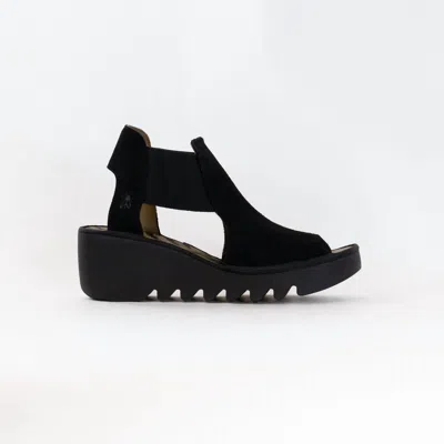 Fly London Women's Wedge Sandal In Black Suede In Black Leather