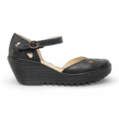 Fly London Women's Yuna Black Leather Wedge Sandals