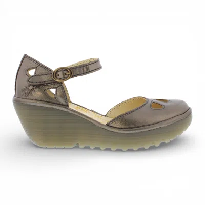 Fly London Women's Yuna Bronze Brown Leather Wedge Sandals In Multi