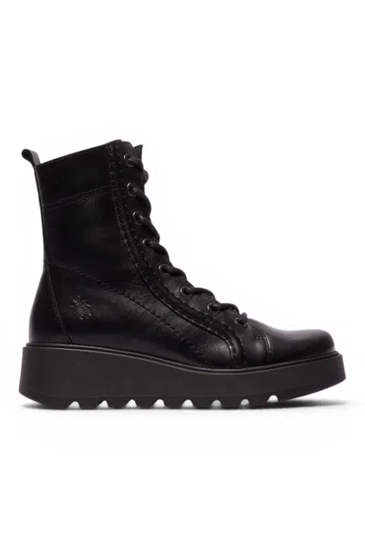 Fly London Womens Black Leather Lace-up Wedge Heel Combat Boots - Tery554