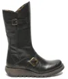 Fly London Womens Black Mes 2 Wedge Heel Buckle Mid-calf Leather Zip Platform Boots In Black
