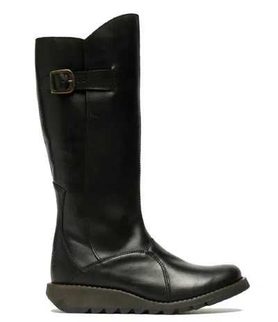 Fly London Womens Black Mol 2 Leather Wedge Heel Knee High Zip Up Boots