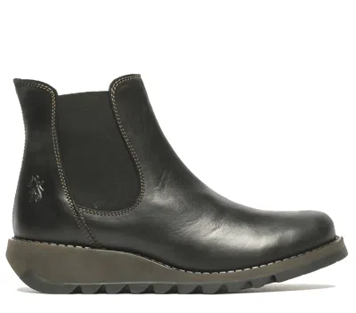 Fly London Womens Black Salv Chelsea Leather Ankle Casual Wedge Heel Boots
