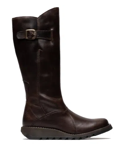 Fly London Womens Wine Burgundy Mol 2 Leather Wedge Heel Knee High Zip Up Boots In Brown