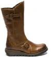 Fly London Womens Camel Mes 2 Wedge Heel Buckle Mid-calf Leather Zip Platform Boots In Brown