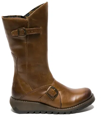 Fly London Womens Camel Mes 2 Wedge Heel Buckle Mid-calf Leather Zip Platform Boots In Brown